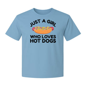 Just a Girl Who Loves Hot Dogs T-Shirt, Funny Foodie Graphic for Cookouts, Barbecues and Birthday Parties