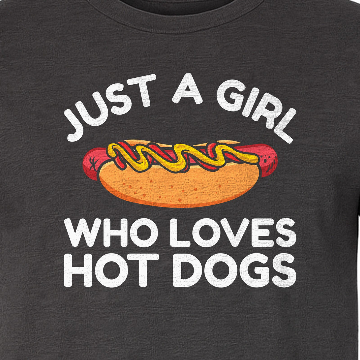 Just a Girl Who Loves Hot Dogs T-Shirt, Funny Foodie Graphic for Cookouts, Barbecues and Birthday Parties