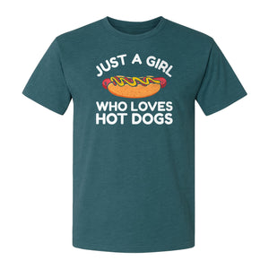 Just a Girl Who Loves Hot Dogs T-Shirt, Funny Foodie Graphic for Cookouts, Barbecues and Birthday Parties