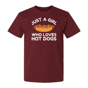 Just a Girl Who Loves Hot Dogs T-Shirt, Funny Foodie Graphic for Cookouts, Barbecues and Birthday Parties