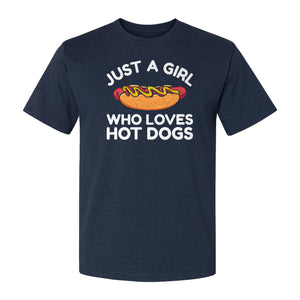 Just a Girl Who Loves Hot Dogs T-Shirt, Funny Foodie Graphic for Cookouts, Barbecues and Birthday Parties