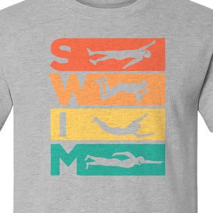 Swim T-Shirt, Retro Lettering and Swimmer Silhouette Graphic for Pool Lovers, Coaches and Athletes
