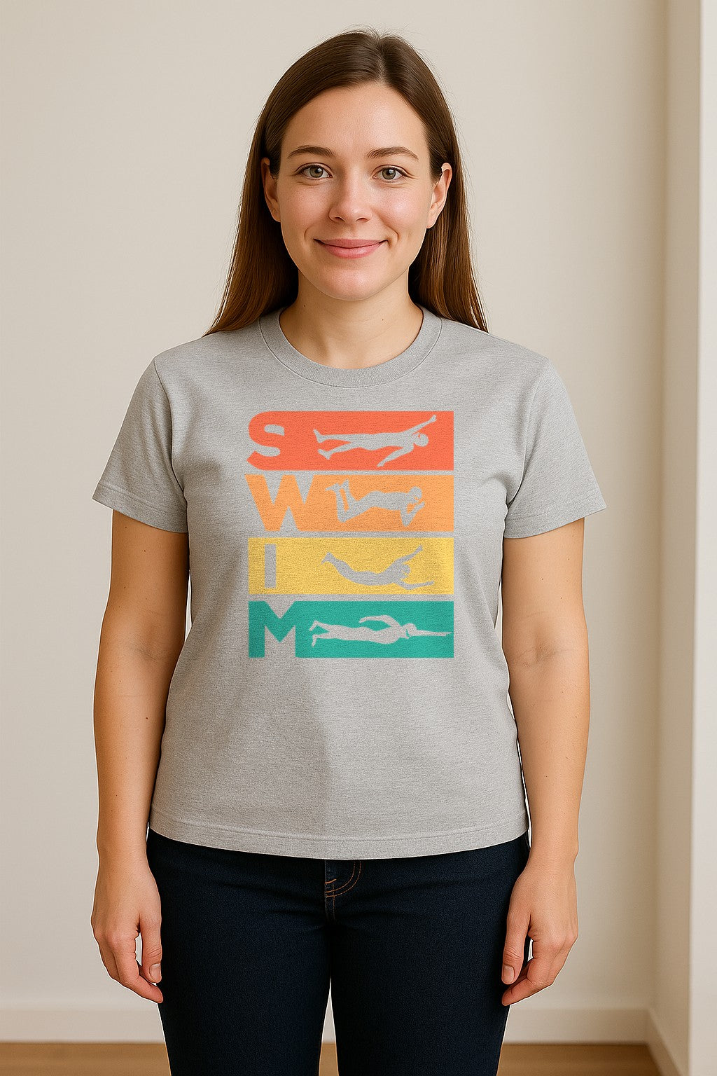Swim T-Shirt, Retro Lettering and Swimmer Silhouette Graphic for Pool Lovers, Coaches and Athletes