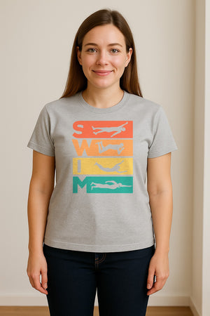 Swim T-Shirt, Retro Lettering and Swimmer Silhouette Graphic for Pool Lovers, Coaches and Athletes