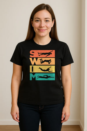 Swim T-Shirt, Retro Lettering and Swimmer Silhouette Graphic for Pool Lovers, Coaches and Athletes