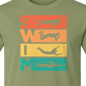 Swim T-Shirt, Retro Lettering and Swimmer Silhouette Graphic for Pool Lovers, Coaches and Athletes