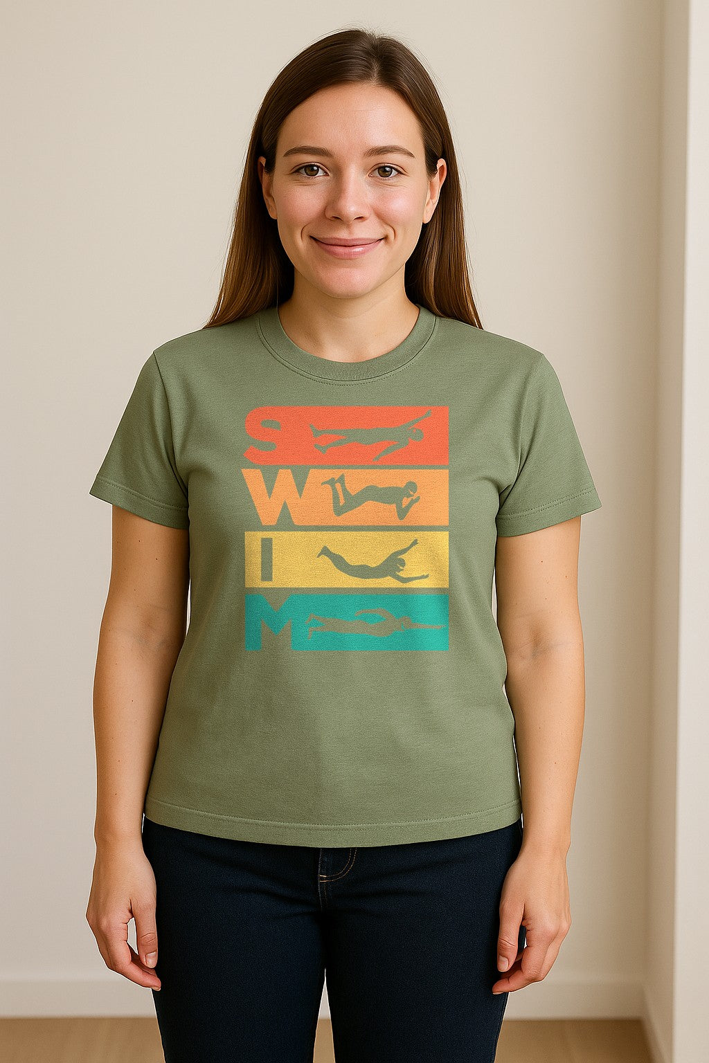 Swim T-Shirt, Retro Lettering and Swimmer Silhouette Graphic for Pool Lovers, Coaches and Athletes