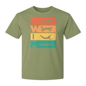 Swim T-Shirt, Retro Lettering and Swimmer Silhouette Graphic for Pool Lovers, Coaches and Athletes