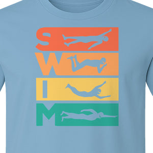 Swim T-Shirt, Retro Lettering and Swimmer Silhouette Graphic for Pool Lovers, Coaches and Athletes