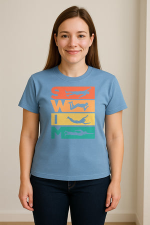 Swim T-Shirt, Retro Lettering and Swimmer Silhouette Graphic for Pool Lovers, Coaches and Athletes