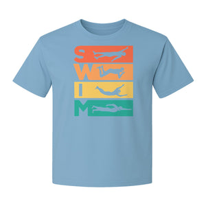 Swim T-Shirt, Retro Lettering and Swimmer Silhouette Graphic for Pool Lovers, Coaches and Athletes