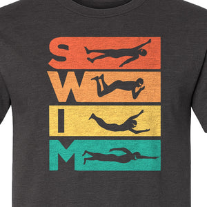 Swim T-Shirt, Retro Lettering and Swimmer Silhouette Graphic for Pool Lovers, Coaches and Athletes