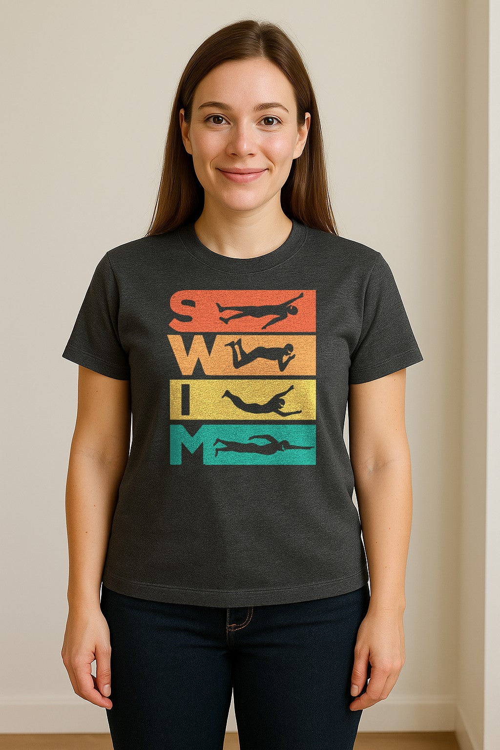 Swim T-Shirt, Retro Lettering and Swimmer Silhouette Graphic for Pool Lovers, Coaches and Athletes