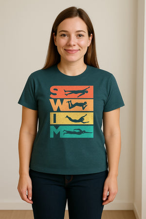 Swim T-Shirt, Retro Lettering and Swimmer Silhouette Graphic for Pool Lovers, Coaches and Athletes
