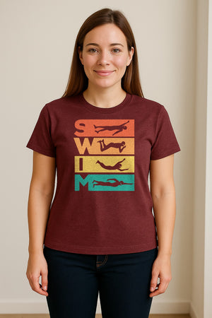 Swim T-Shirt, Retro Lettering and Swimmer Silhouette Graphic for Pool Lovers, Coaches and Athletes