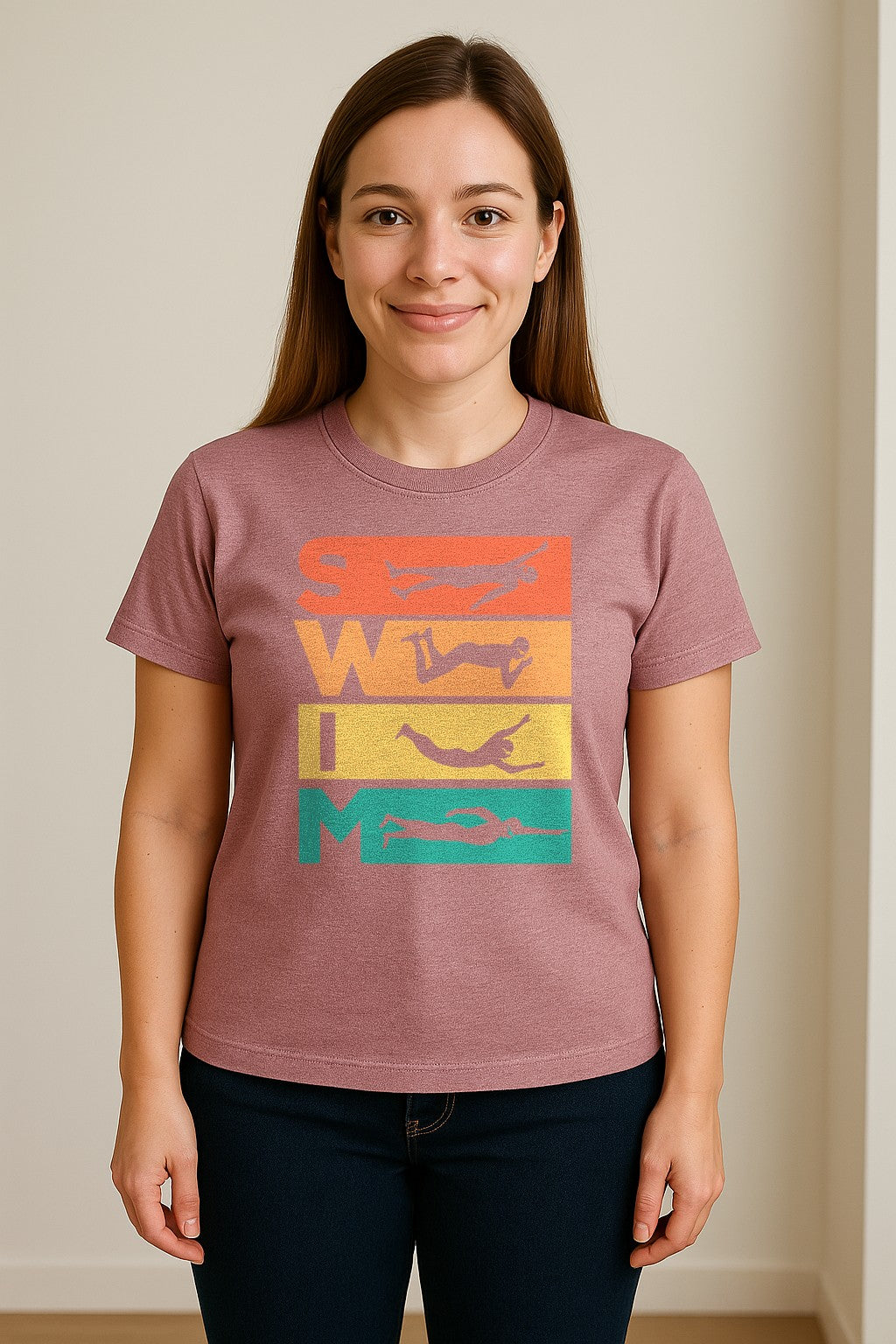 Swim T-Shirt, Retro Lettering and Swimmer Silhouette Graphic for Pool Lovers, Coaches and Athletes