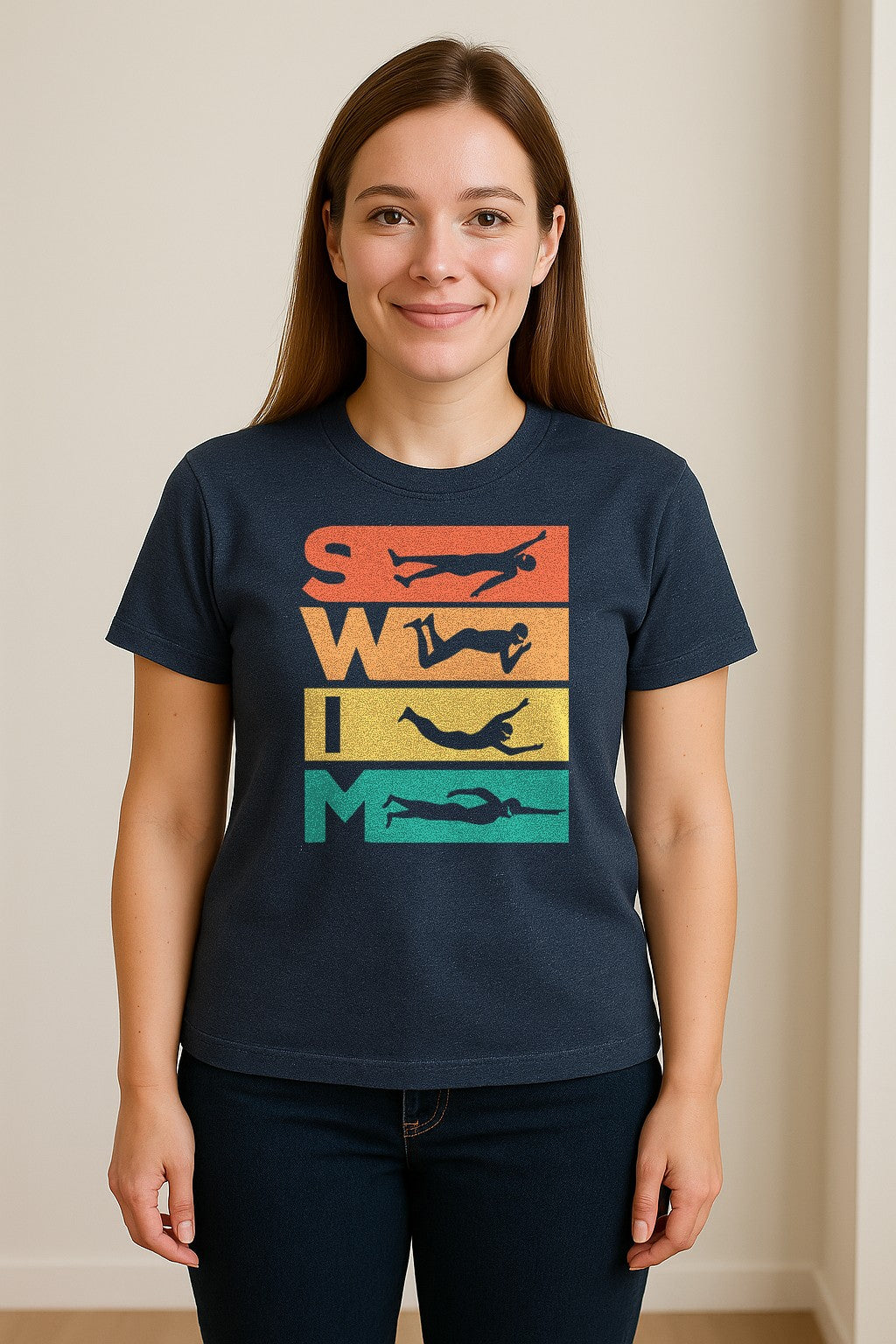 Swim T-Shirt, Retro Lettering and Swimmer Silhouette Graphic for Pool Lovers, Coaches and Athletes