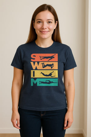 Swim T-Shirt, Retro Lettering and Swimmer Silhouette Graphic for Pool Lovers, Coaches and Athletes