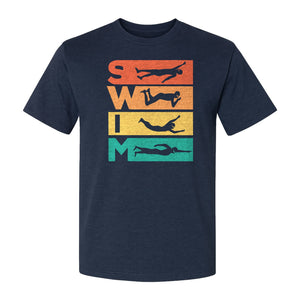 Swim T-Shirt, Retro Lettering and Swimmer Silhouette Graphic for Pool Lovers, Coaches and Athletes