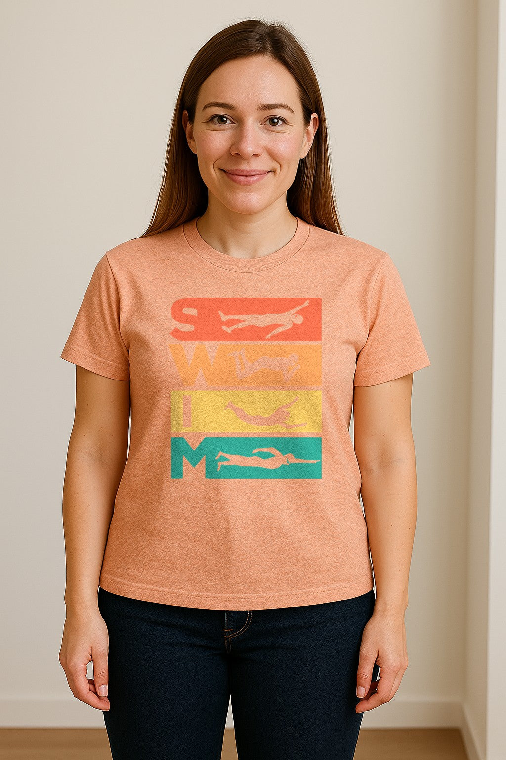 Swim T-Shirt, Retro Lettering and Swimmer Silhouette Graphic for Pool Lovers, Coaches and Athletes