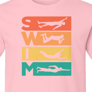 Swim T-Shirt, Retro Lettering and Swimmer Silhouette Graphic for Pool Lovers, Coaches and Athletes