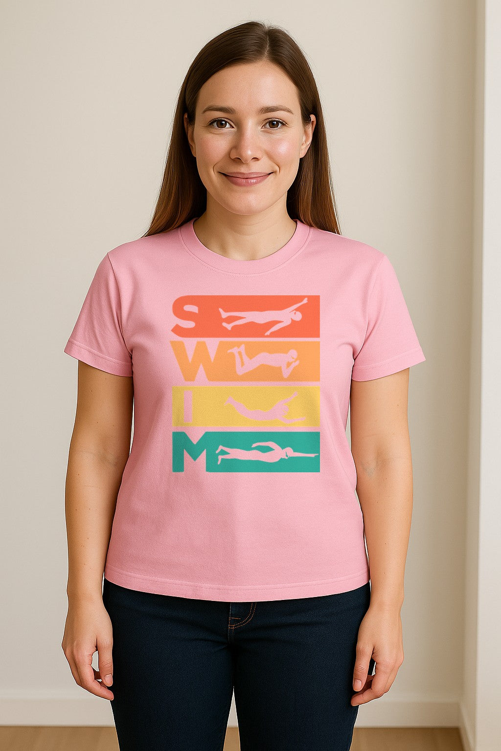 Swim T-Shirt, Retro Lettering and Swimmer Silhouette Graphic for Pool Lovers, Coaches and Athletes
