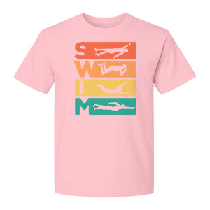 Swim T-Shirt, Retro Lettering and Swimmer Silhouette Graphic for Pool Lovers, Coaches and Athletes