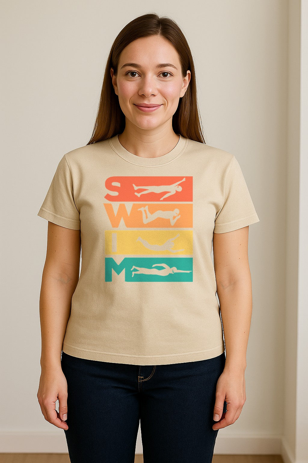 Swim T-Shirt, Retro Lettering and Swimmer Silhouette Graphic for Pool Lovers, Coaches and Athletes