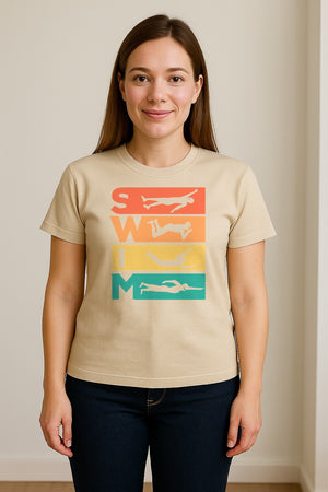 Swim T-Shirt, Retro Lettering and Swimmer Silhouette Graphic for Pool Lovers, Coaches and Athletes