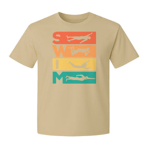 Swim T-Shirt, Retro Lettering and Swimmer Silhouette Graphic for Pool Lovers, Coaches and Athletes