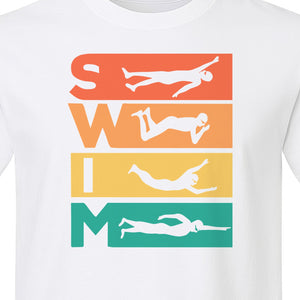 Swim T-Shirt, Retro Lettering and Swimmer Silhouette Graphic for Pool Lovers, Coaches and Athletes