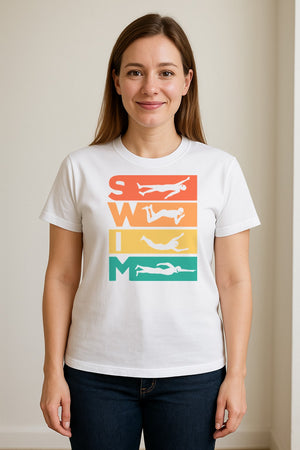 Swim T-Shirt, Retro Lettering and Swimmer Silhouette Graphic for Pool Lovers, Coaches and Athletes