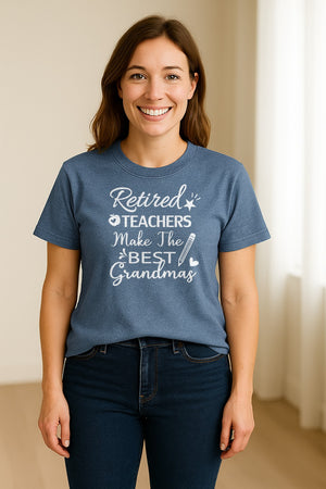 Retired Teacher Grandma Comfort Colors T-Shirt, Script Quote with Pencil and Apple Accents for Retirement Parties
