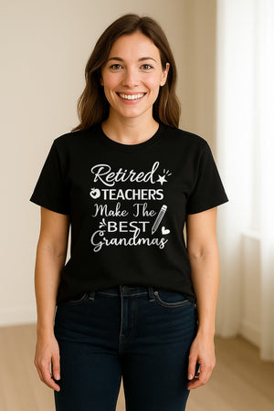 Retired Teacher Grandma Comfort Colors T-Shirt, Script Quote with Pencil and Apple Accents for Retirement Parties