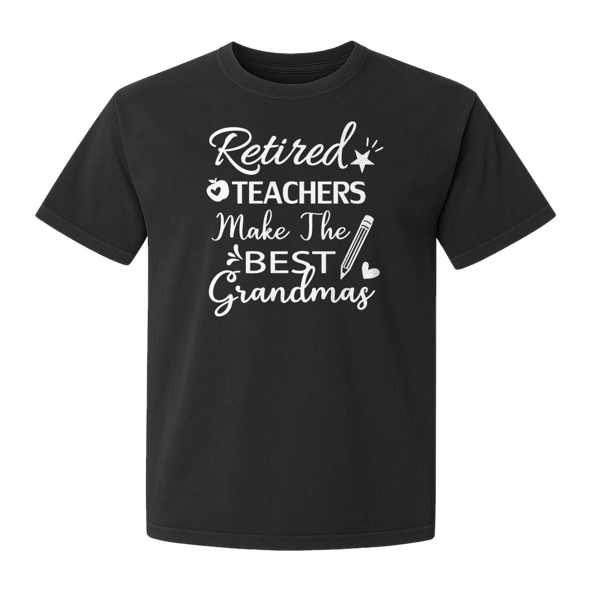 Retired Teacher Grandma Comfort Colors T-Shirt, Script Quote with Pencil and Apple Accents for Retirement Parties