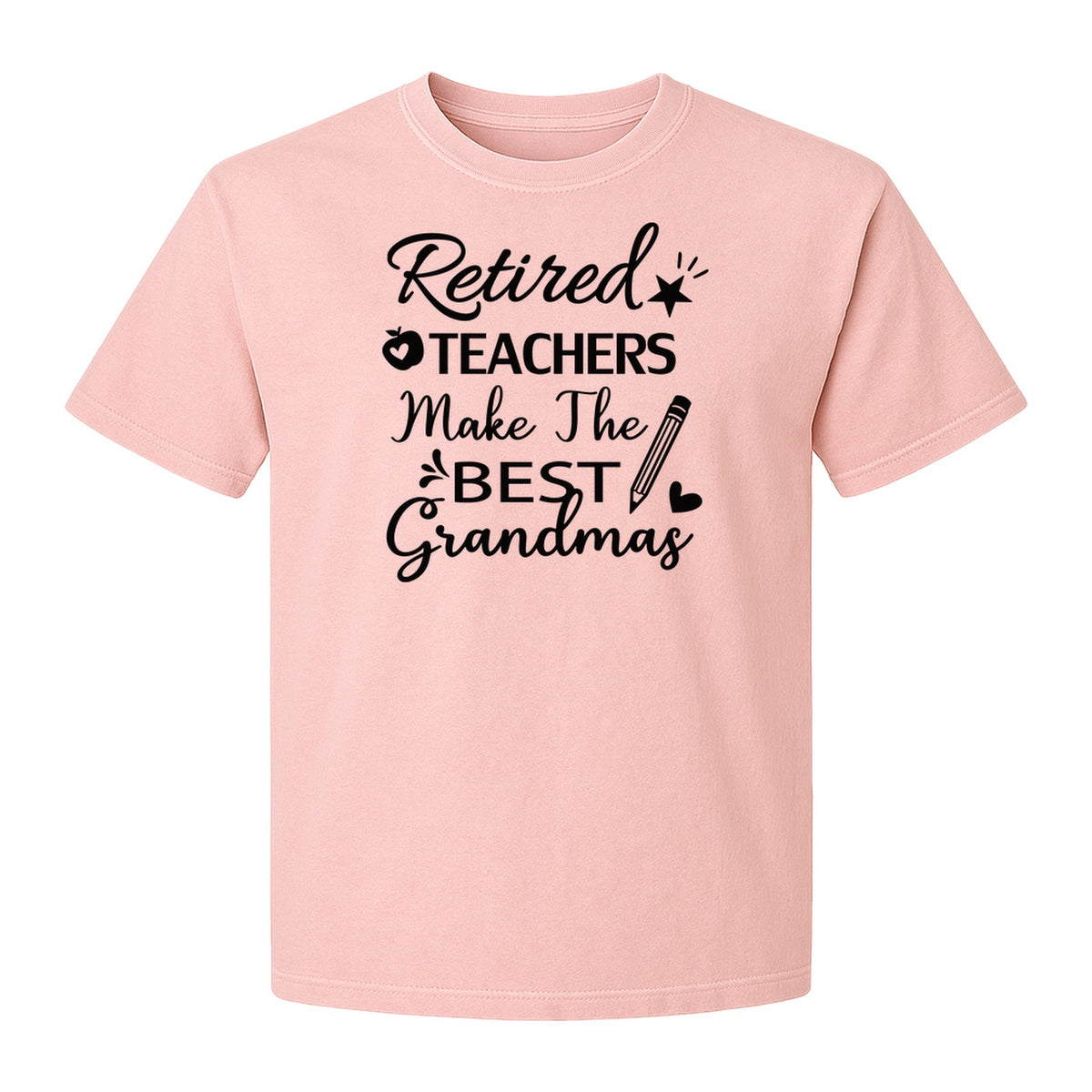 Retired Teacher Grandma Comfort Colors T-Shirt, Script Quote with Pencil and Apple Accents for Retirement Parties