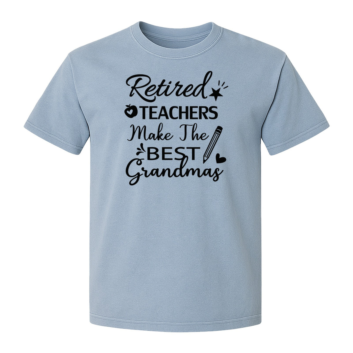 Retired Teacher Grandma Comfort Colors T-Shirt, Script Quote with Pencil and Apple Accents for Retirement Parties