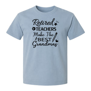 Retired Teacher Grandma Comfort Colors T-Shirt, Script Quote with Pencil and Apple Accents for Retirement Parties