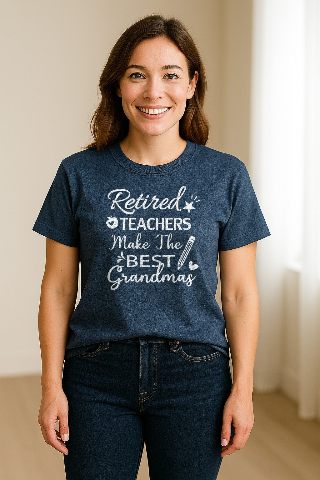 Retired Teacher Grandma Comfort Colors T-Shirt, Script Quote with Pencil and Apple Accents for Retirement Parties