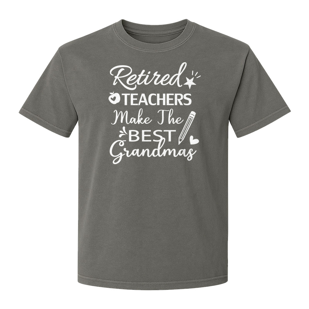 Retired Teacher Grandma Comfort Colors T-Shirt, Script Quote with Pencil and Apple Accents for Retirement Parties