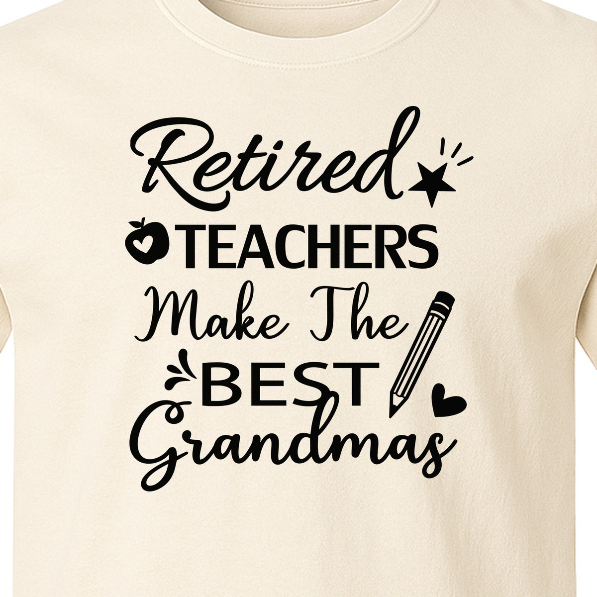 Retired Teacher Grandma Comfort Colors T-Shirt, Script Quote with Pencil and Apple Accents for Retirement Parties