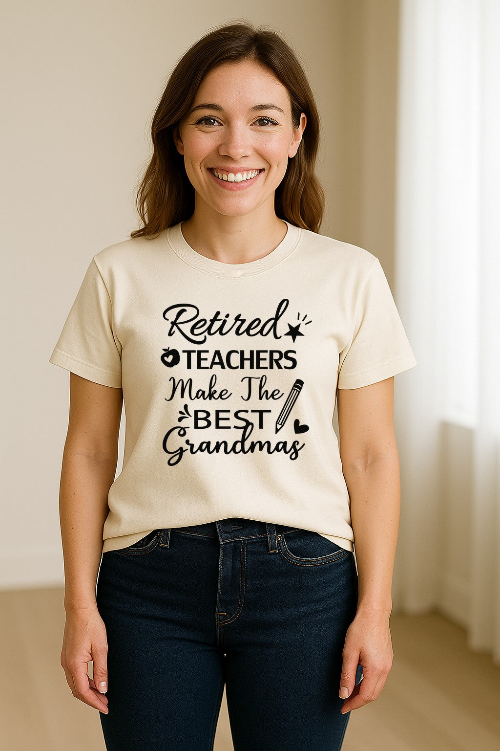 Retired Teacher Grandma Comfort Colors T-Shirt, Script Quote with Pencil and Apple Accents for Retirement Parties