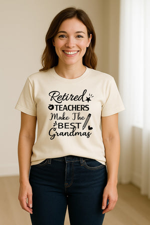 Retired Teacher Grandma Comfort Colors T-Shirt, Script Quote with Pencil and Apple Accents for Retirement Parties