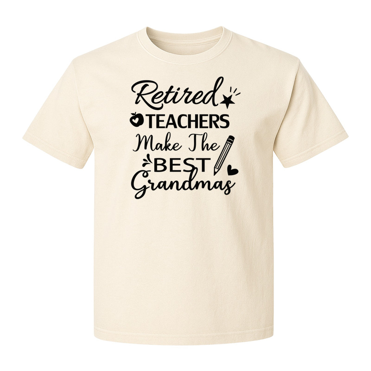 Retired Teacher Grandma Comfort Colors T-Shirt, Script Quote with Pencil and Apple Accents for Retirement Parties