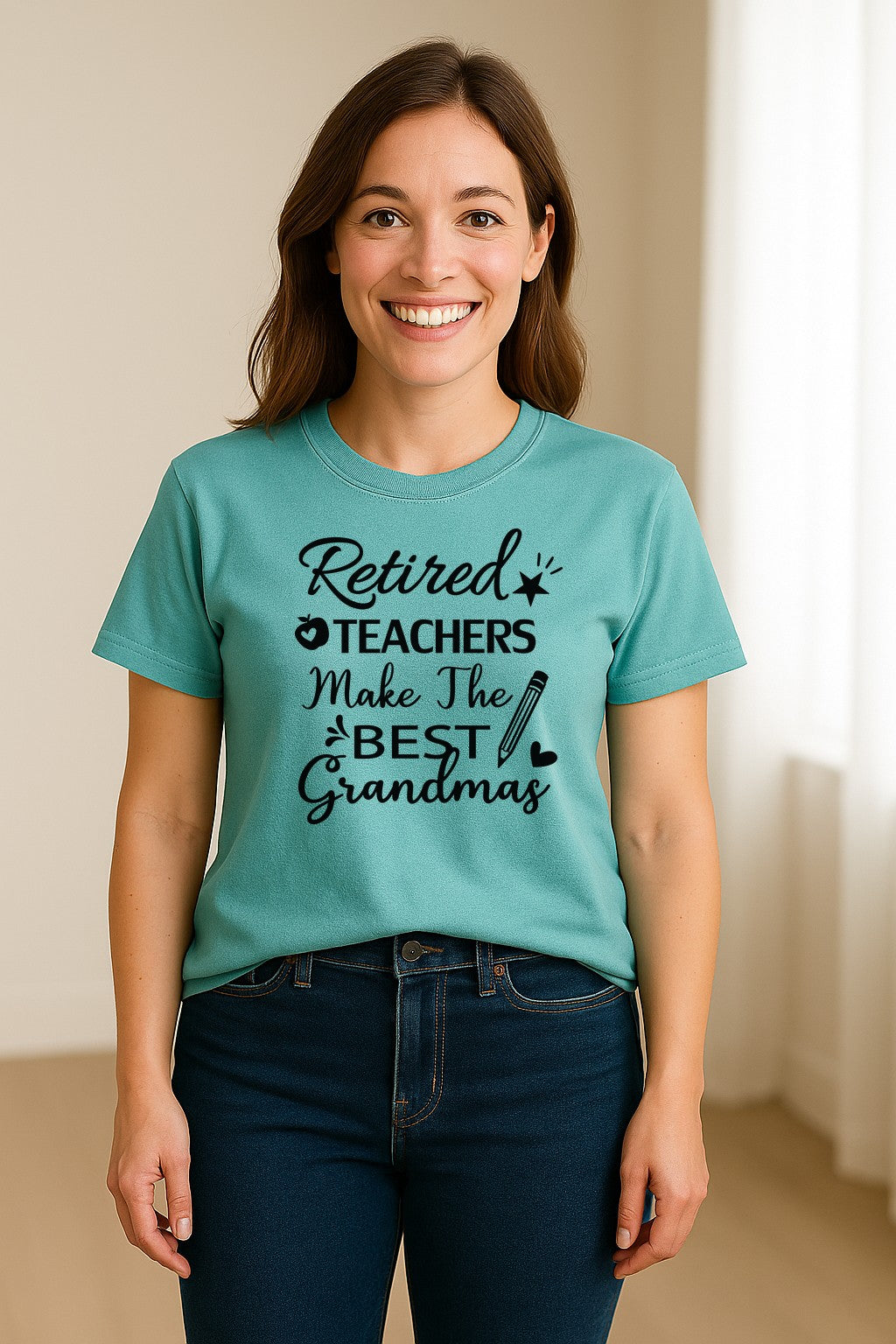 Retired Teacher Grandma Comfort Colors T-Shirt, Script Quote with Pencil and Apple Accents for Retirement Parties
