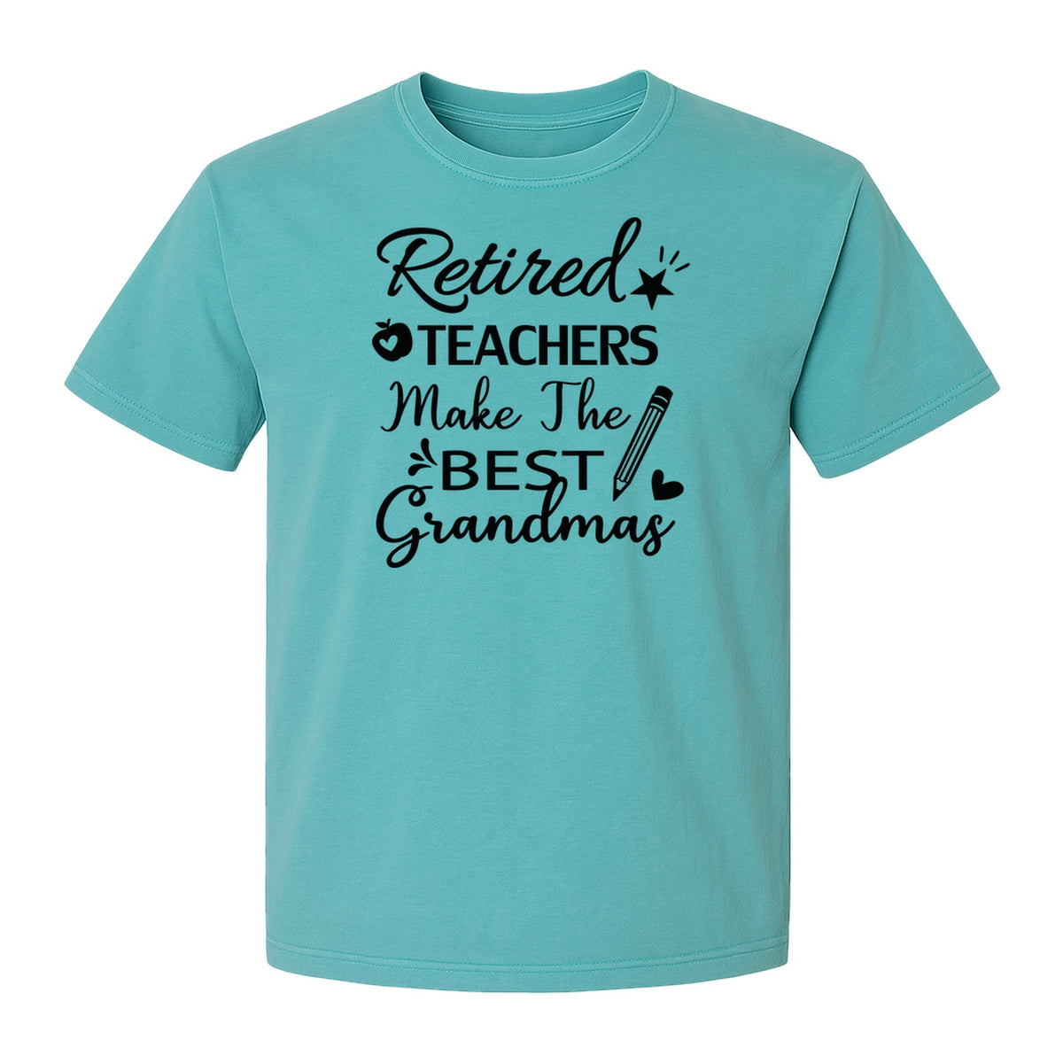 Retired Teacher Grandma Comfort Colors T-Shirt, Script Quote with Pencil and Apple Accents for Retirement Parties