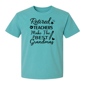 Retired Teacher Grandma Comfort Colors T-Shirt, Script Quote with Pencil and Apple Accents for Retirement Parties