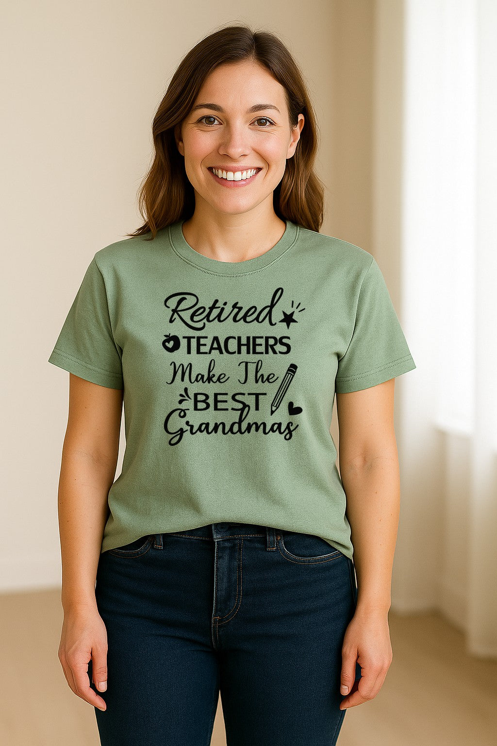 Retired Teacher Grandma Comfort Colors T-Shirt, Script Quote with Pencil and Apple Accents for Retirement Parties