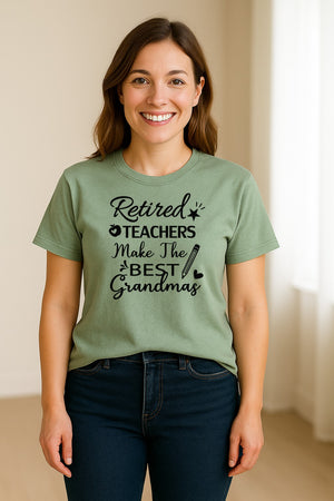 Retired Teacher Grandma Comfort Colors T-Shirt, Script Quote with Pencil and Apple Accents for Retirement Parties