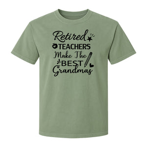Retired Teacher Grandma Comfort Colors T-Shirt, Script Quote with Pencil and Apple Accents for Retirement Parties